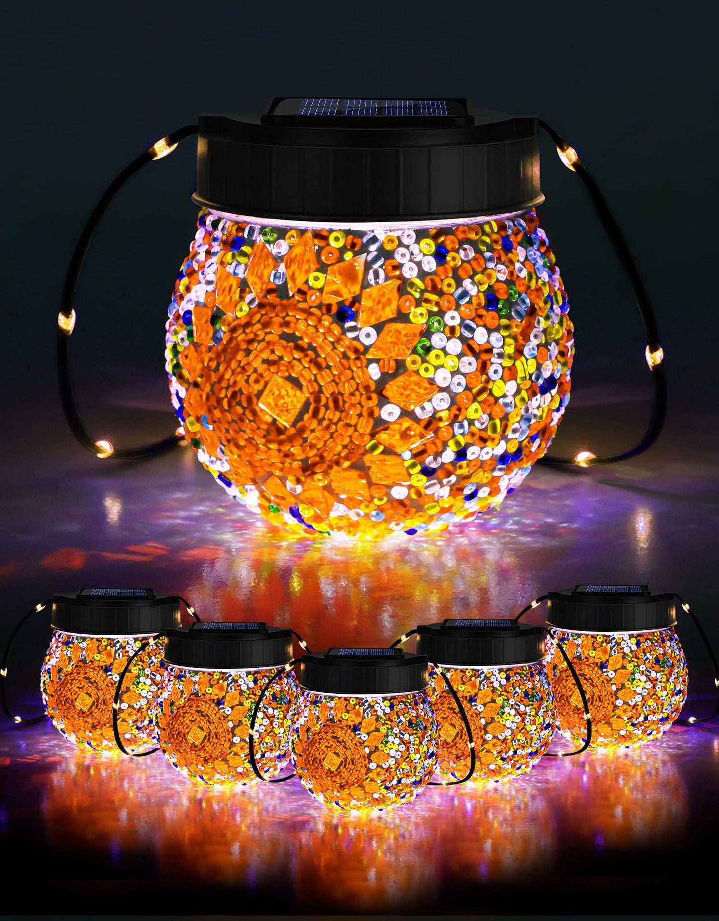 Mosaic Solar Lights Outdoor 6 Pack, Solar Hanging Lanterns Christmas Halloween Gifts for Women Mom Grandma, Waterproof Glass Globe Lights, Garden Patio Decor for Yard, Tree, Balcony, Warm