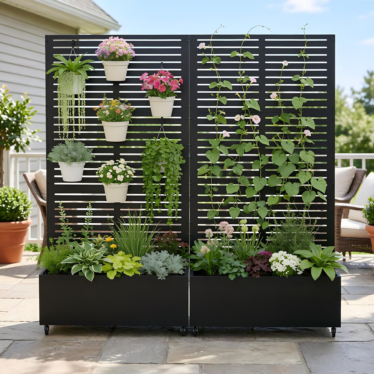 Baotree Metal Raised Garden Planter Bed, 72"x35"x16" Outdoor Planter Box with Trellis and Wheels for Climbing Plants, Vegetables & Vines, Features Drainage Holes and Privacy Screen (Black-Louvered)