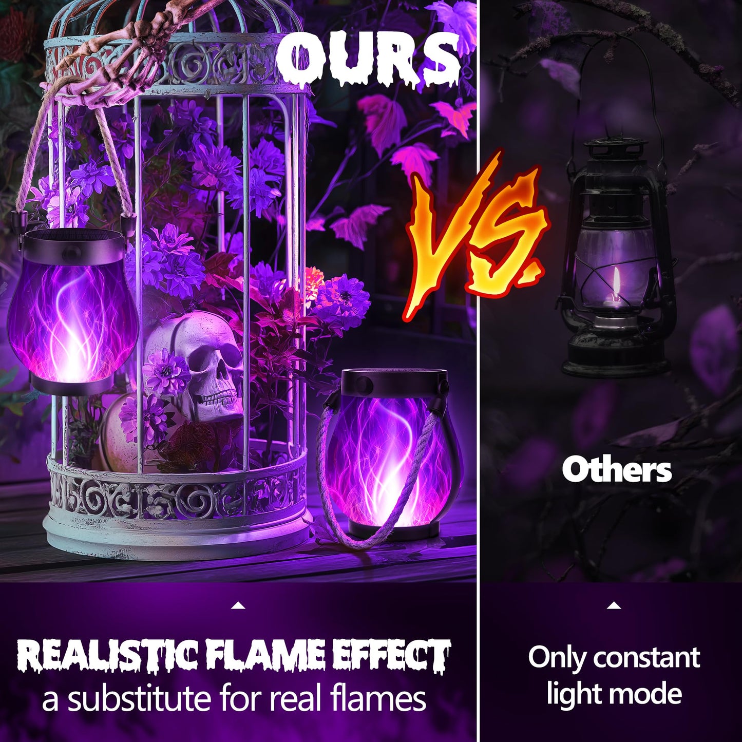 Jyoiat Solar Flame Lantern Hanging Outdoor Waterproof Purple - 2 Pack Flame Lanterns with Dual Charging Modes of Solar & USB for Garden or Yard Decorations (Purple - 2 Pack)