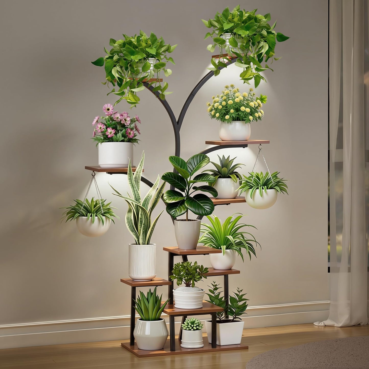 VECELO Plant Stand with LED Light, 10-Tier Indoor Plant Shelf with Supplemental Lighting, Metal Frame & Wood Shelves with Hanging Hooks, Space-Saving Plant Rack for Living Room or Corner Display