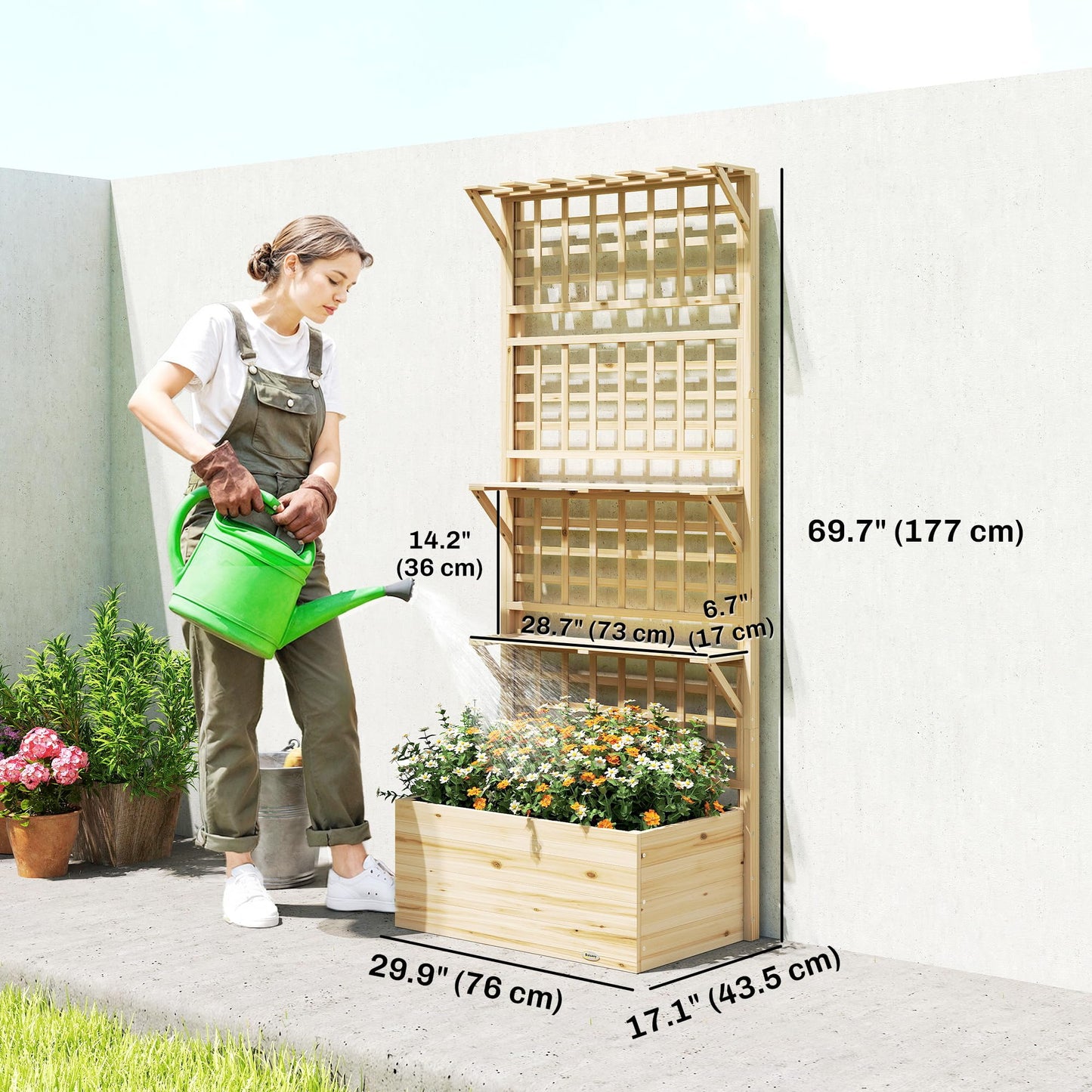 Outsunny Wooden Raised Garden Bed with Trellis and Roof, Elevated Outdoor Planter Box with 2 Shelves, Drainage Hole and Liner for Climbing Plants Vegetables Flowers, Natural