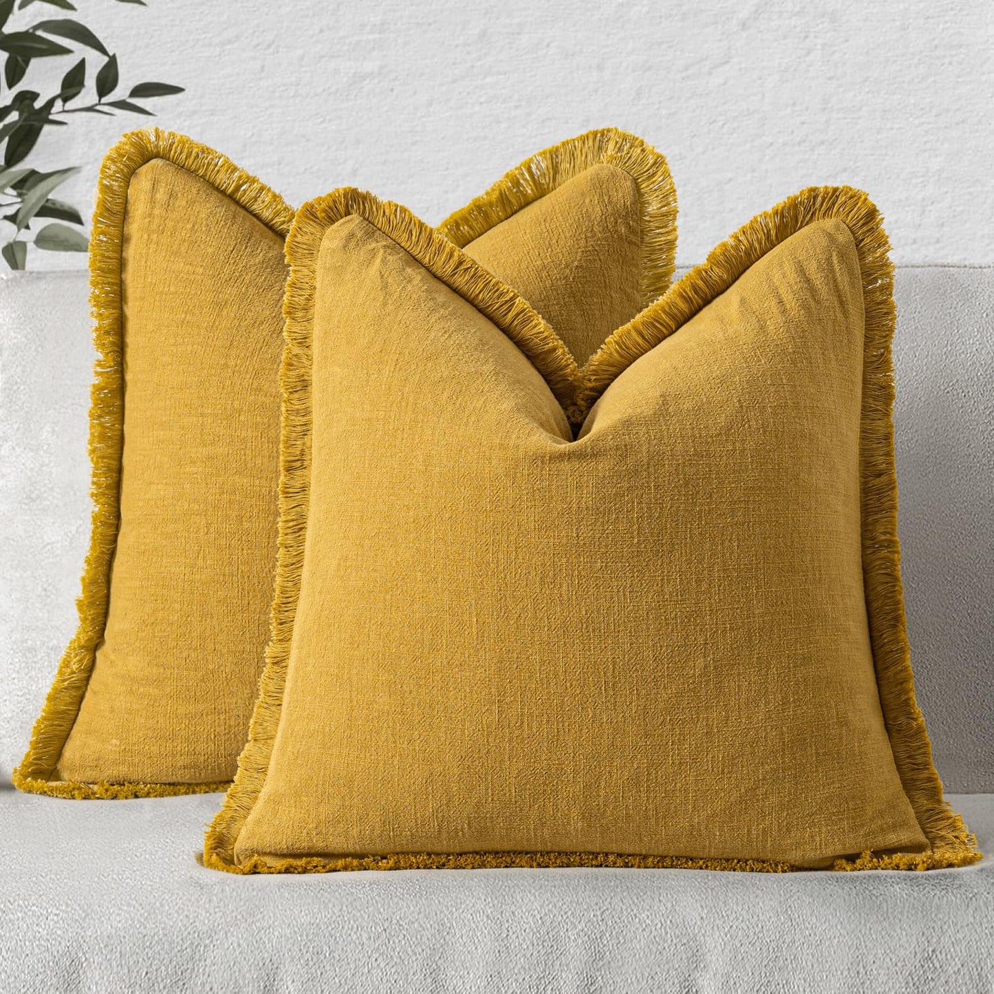 MIULEE Christmas Decorative Throw Pillow Covers Neutral Linen Fringe Fall Throw Pillows Set of 2 Natural Beige Boho Farmhouse Cushion Covers with Tassels for Couch Sofa Bed Home Decor 20x20 Inch