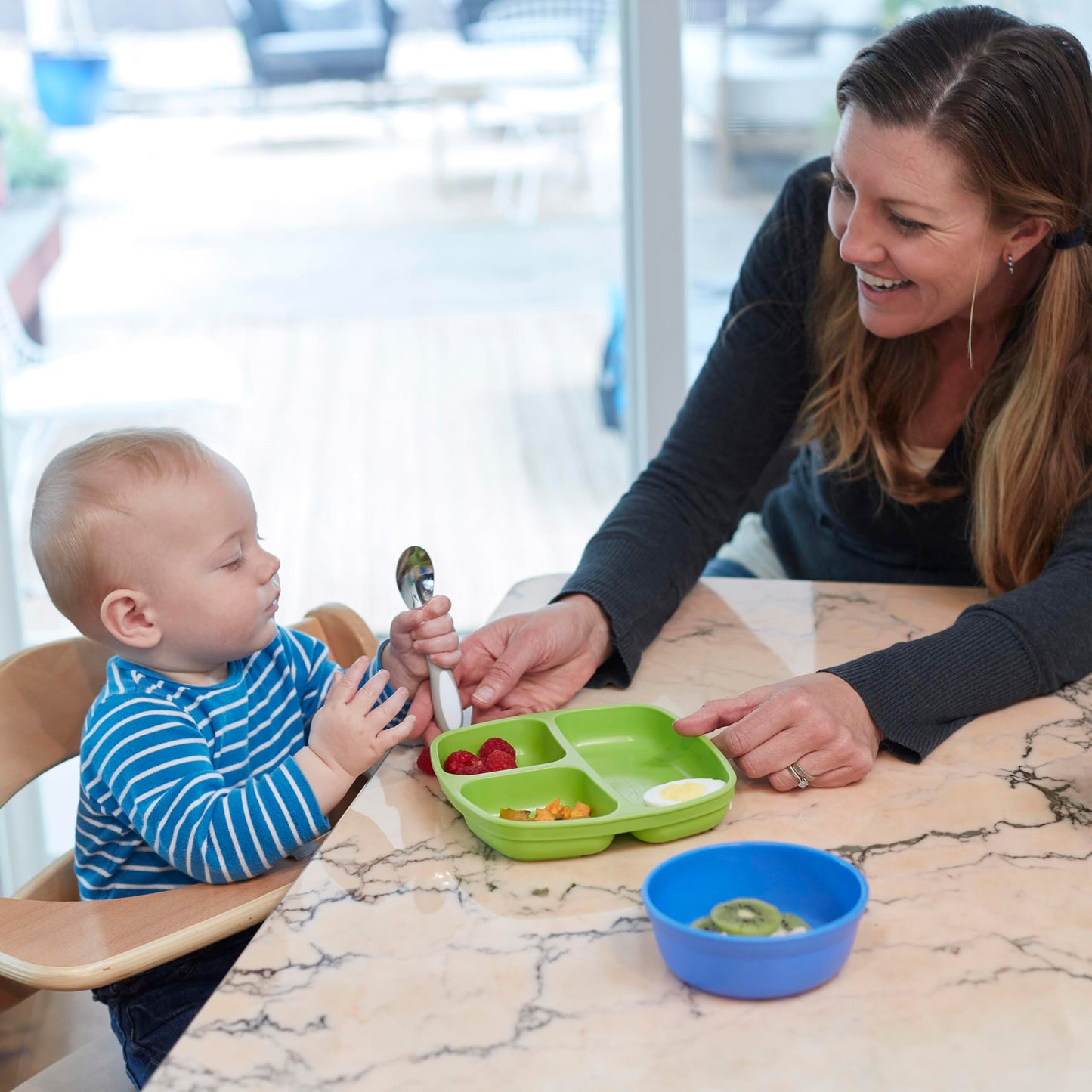 ECR4Kids My First Meal Pal Stainless Steel Spoons, Toddler Silverware, White, Light Grey, 3-Pack