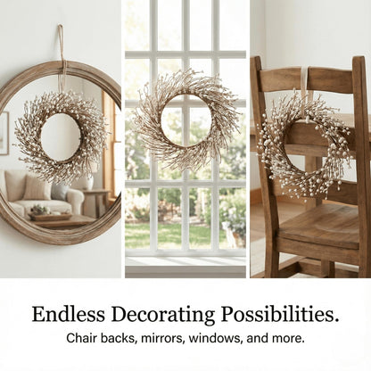 Quixem 15" Cream Pip Berry Mini Wreath (4.5" Inner Dia), Rustic Ivory Artificial Wreath Ring for 3" Pillars, Small Farmhouse Kitchen Cabinet Decor, Wedding Centerpiece