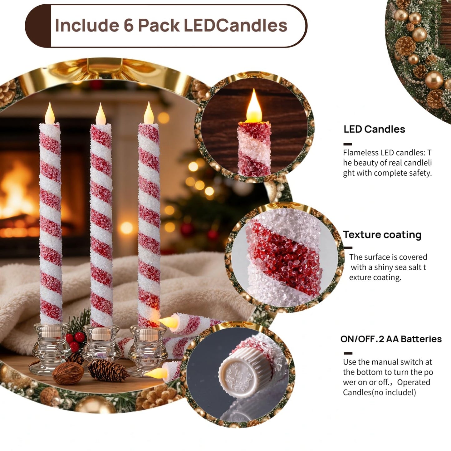 IUJOCQL 6 Pcs 10.6 Inch Christmas Flameless Taper Candles, Candy Cane Red & White Stripes Flickering LED Candles Battery Operated for Xmas Centerpiece, Holiday Party, Wedding, Home Decoration