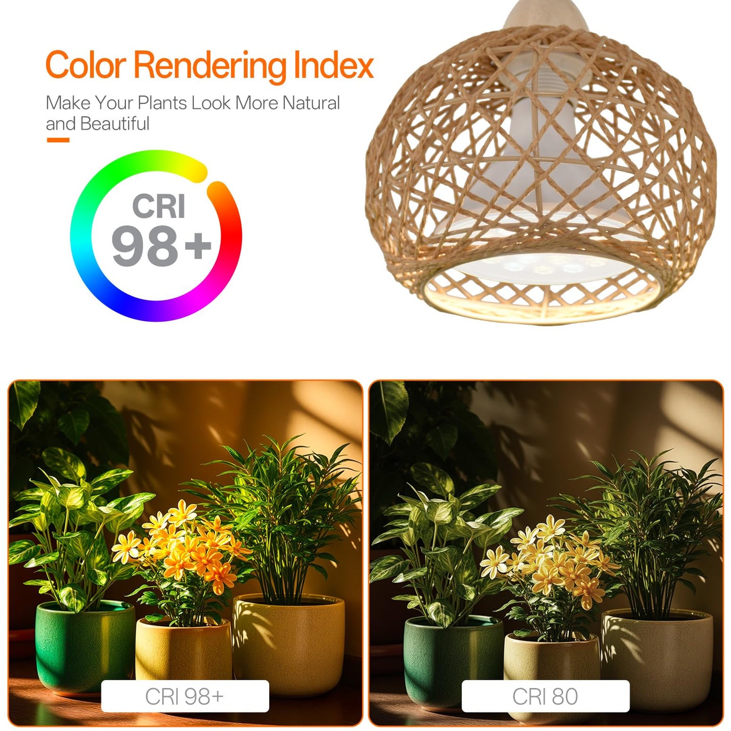 Bstrip Hanging Grow Lights for Indoor Plants, 18W Full Spectrum Plant Light, Boho Rattan Lantern Shade, 3800K Wall-Mounted Decorative Grow Light with 9.8FT Power Cord for Indoor Plant Growing, Flowers