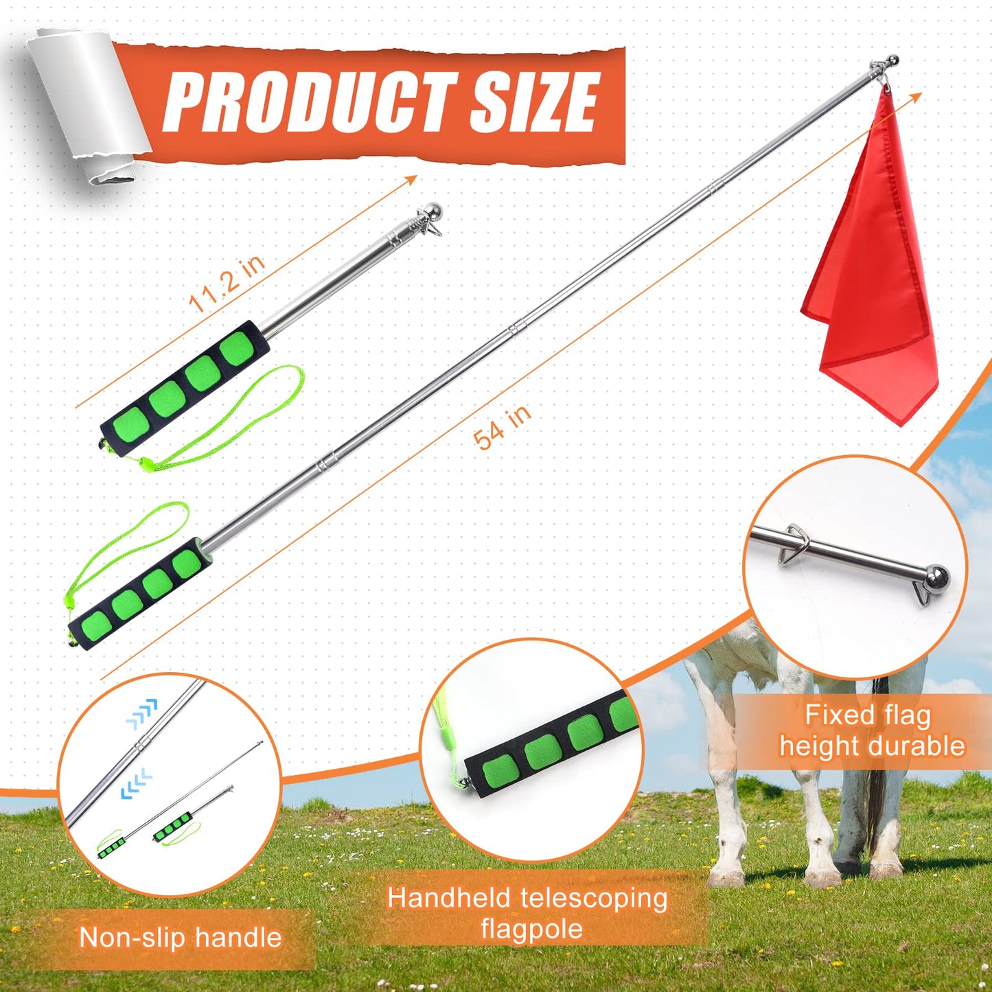 MANOPAWS 5Pcs Horse Training Flag and 55in Telescoping Pole with Hook for Lunging, Retractable Horse Training Equipment Flag with Clips