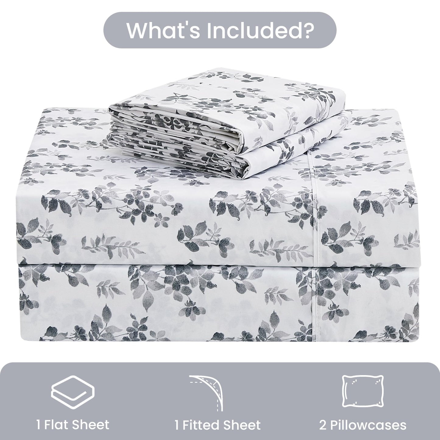 Mooreeke Cozy Vintage Microfiber Printed Queen Sheet Set - Soft Breathable Percale Cotton Floral Bed Sheets with Deep Pocket - Non-Slip Fitted Design - Gradient Grey Small Flowers Pattern