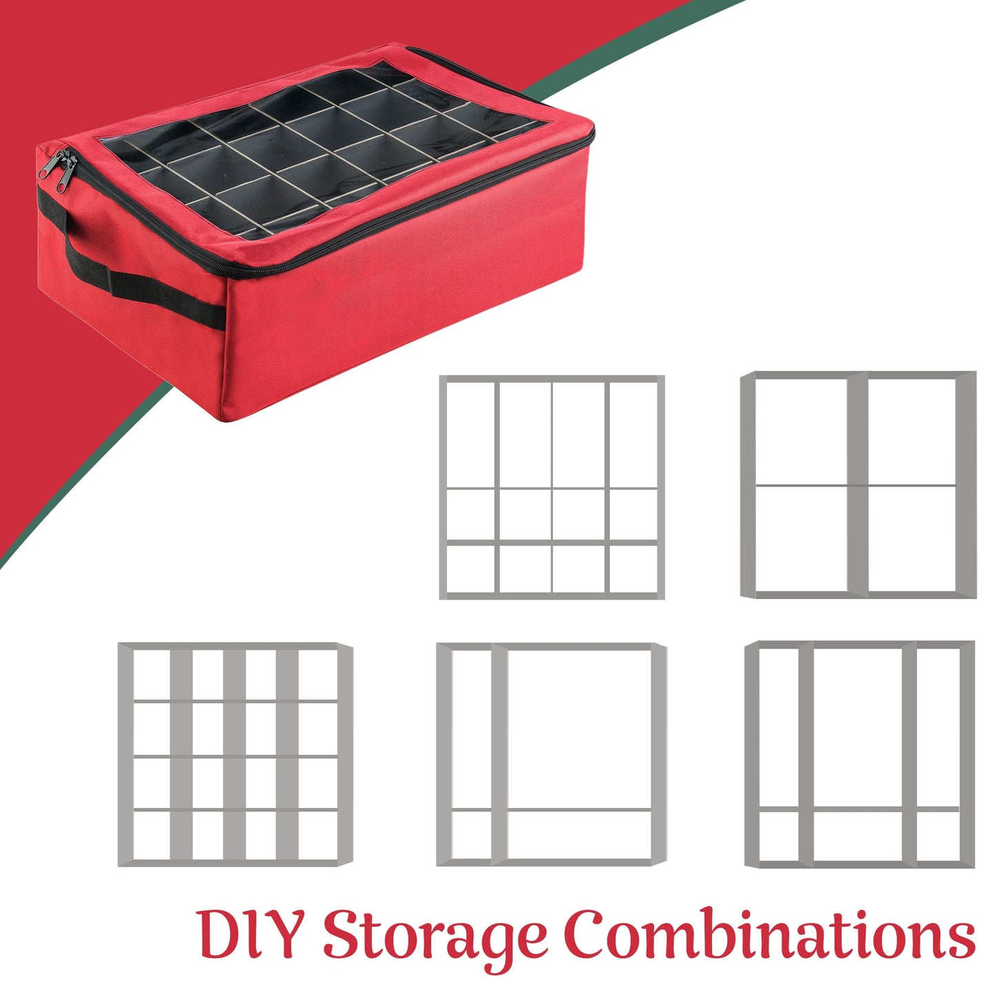 Ornament Storage Box - Zippered Lid Organizer with 48 Individual Compartments and Dividers for Christmas Bulbs and Decorations by Tiny Tim Totes (Red)