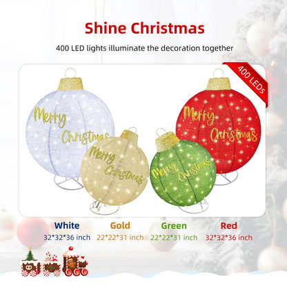 HOYECHI 4-Piece Oversized Christmas Ornament Set – Lighted Holiday Balls with 400 LEDs, 8 Lighting Modes, Waterproof Outdoor Yard Decorations - Red/Green/White/Yellow