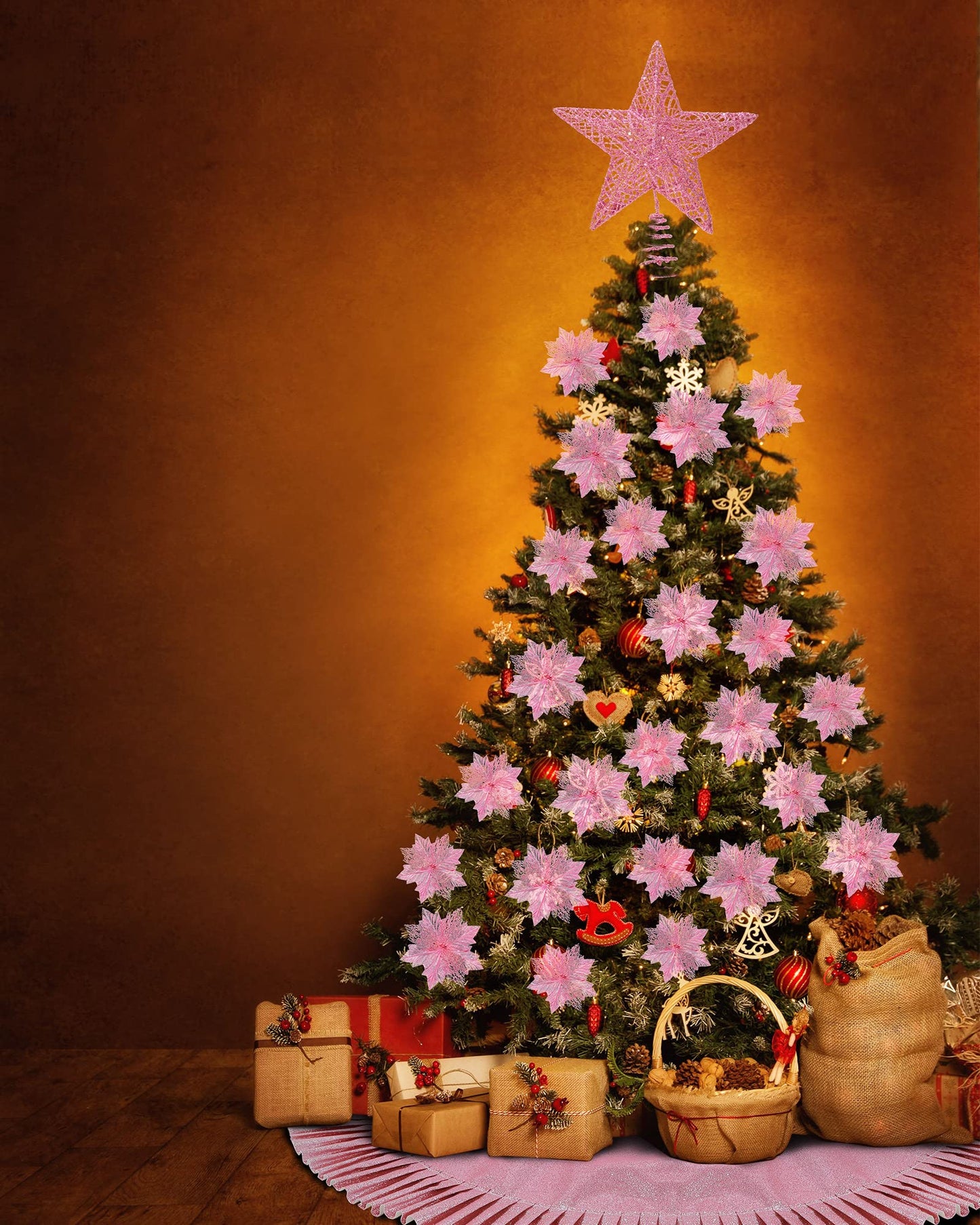 Sratte 6 inch Glittered Christmas Tree Topper Metal Christmas Star Treetop 31.5 Inch Glittered Christmas Tree Skirt and Christmas Flowers Decoration for Xmas Home Door Decor (Pink)