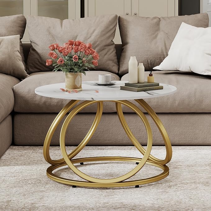 O&K FURNITURE Gold Round Coffee Table, Faux Marble Top