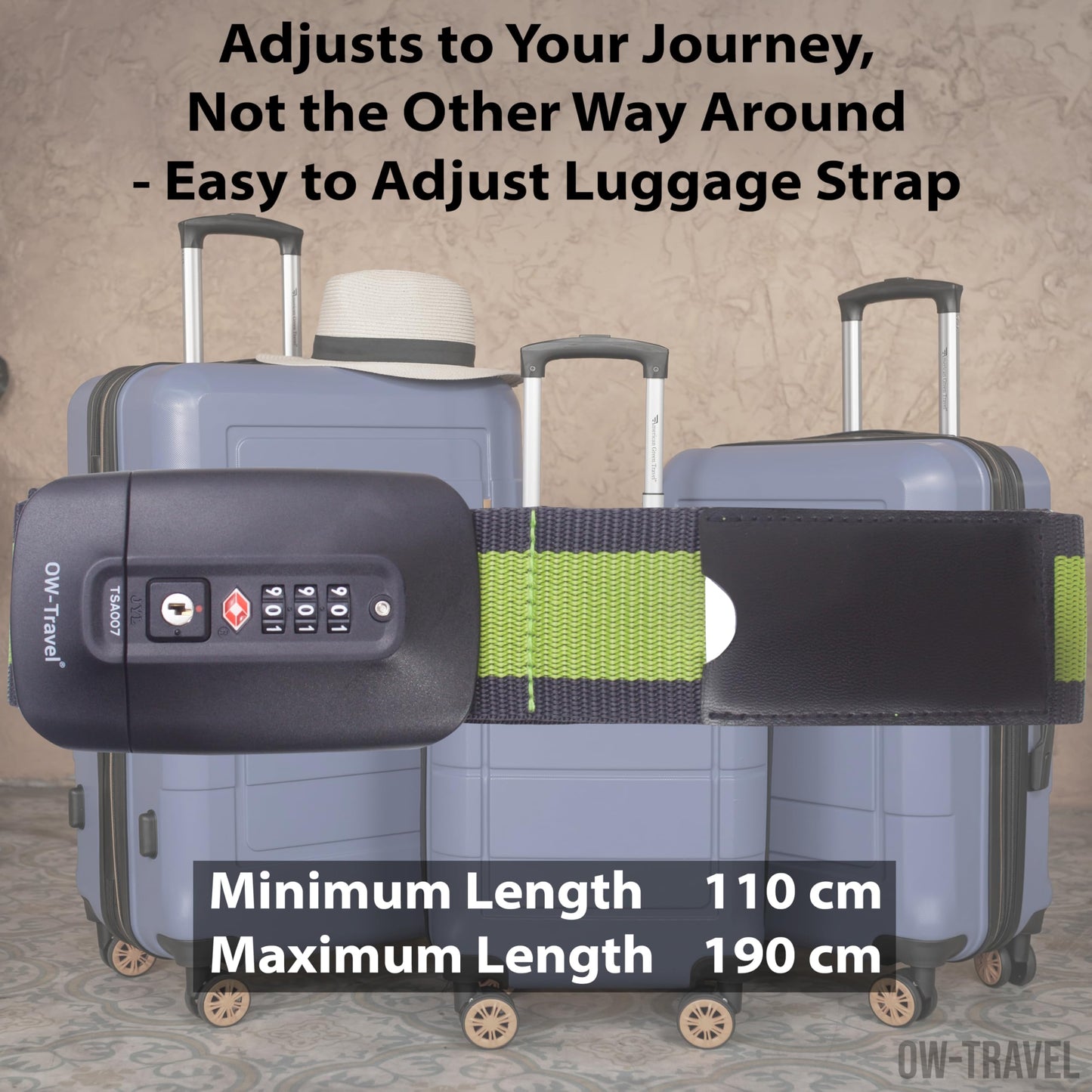 OW-Travel Personalised Luggage Straps with Locks for Suitcases (1 Pack Grey/Green) Easy to Spot TSA Suitcase Straps with Luggage Labels. TSA Approved Locks Bag. Lockable Travel Belt