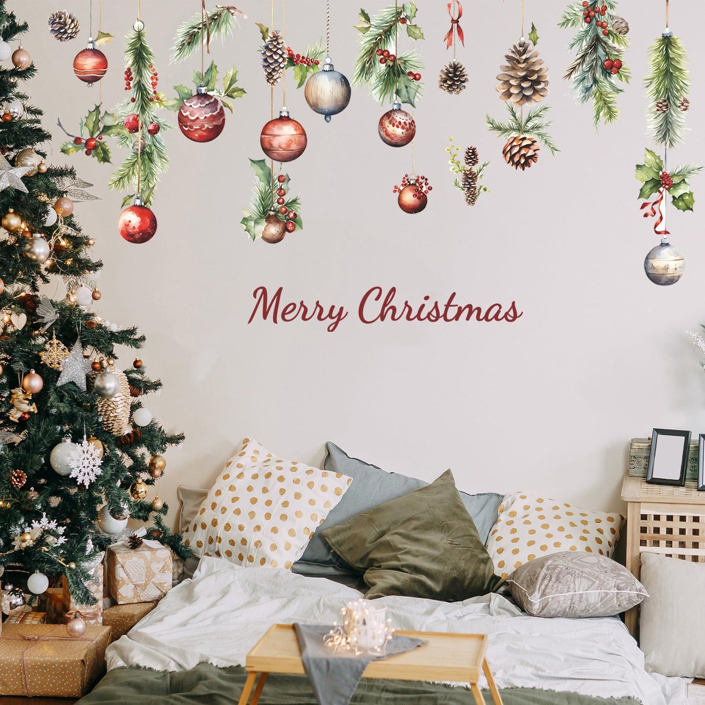 Christmas Wall Decals for Bedroom,Hanging Pine Cone Christmas Wall Stickers for Living Room Window Decor,Removable Art Mural for Kids Baby Gift Nursery Door Decor Supplies