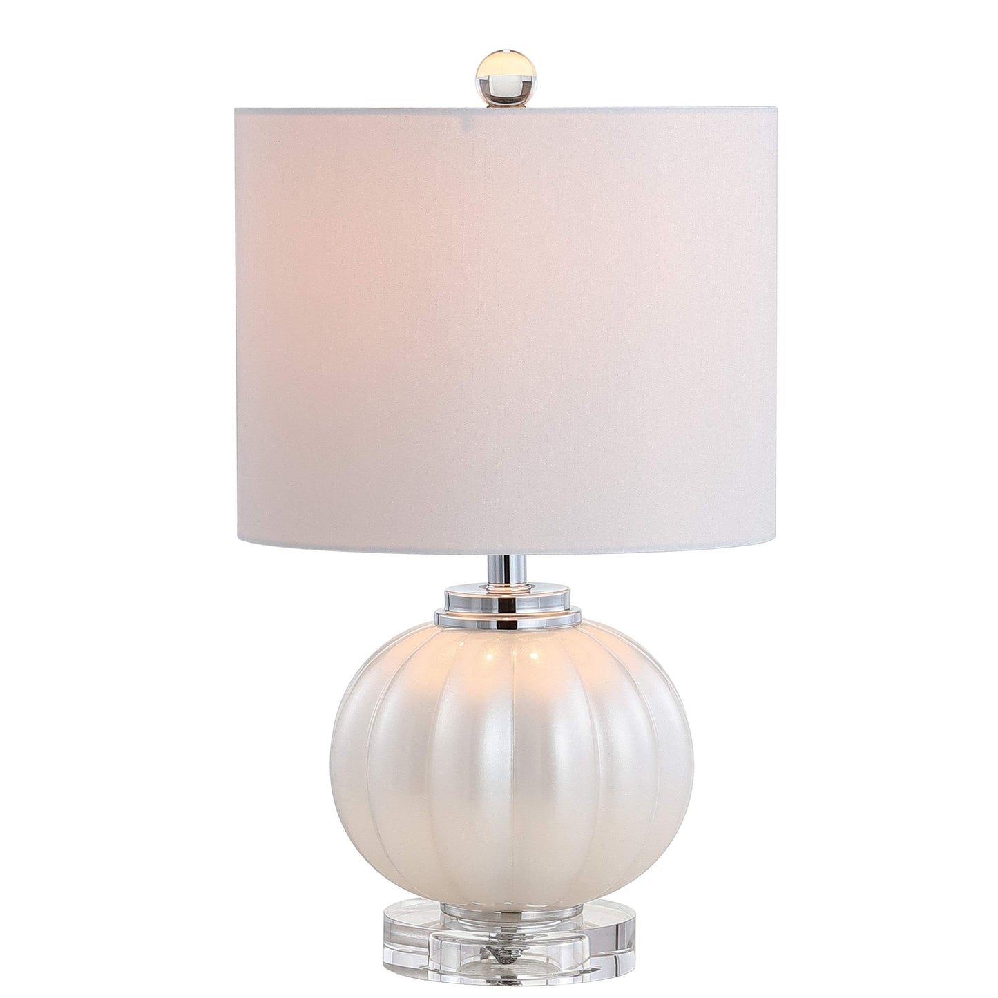 JONATHAN Y 17.5" White/Chrome Glass Table Lamp, Modern Crystal Bedside Lamp for Bedroom Living Room Nightstand, Glam Ribbed Accent Lamp, White Faux Silk Shade, LED Bulb JYL2076A