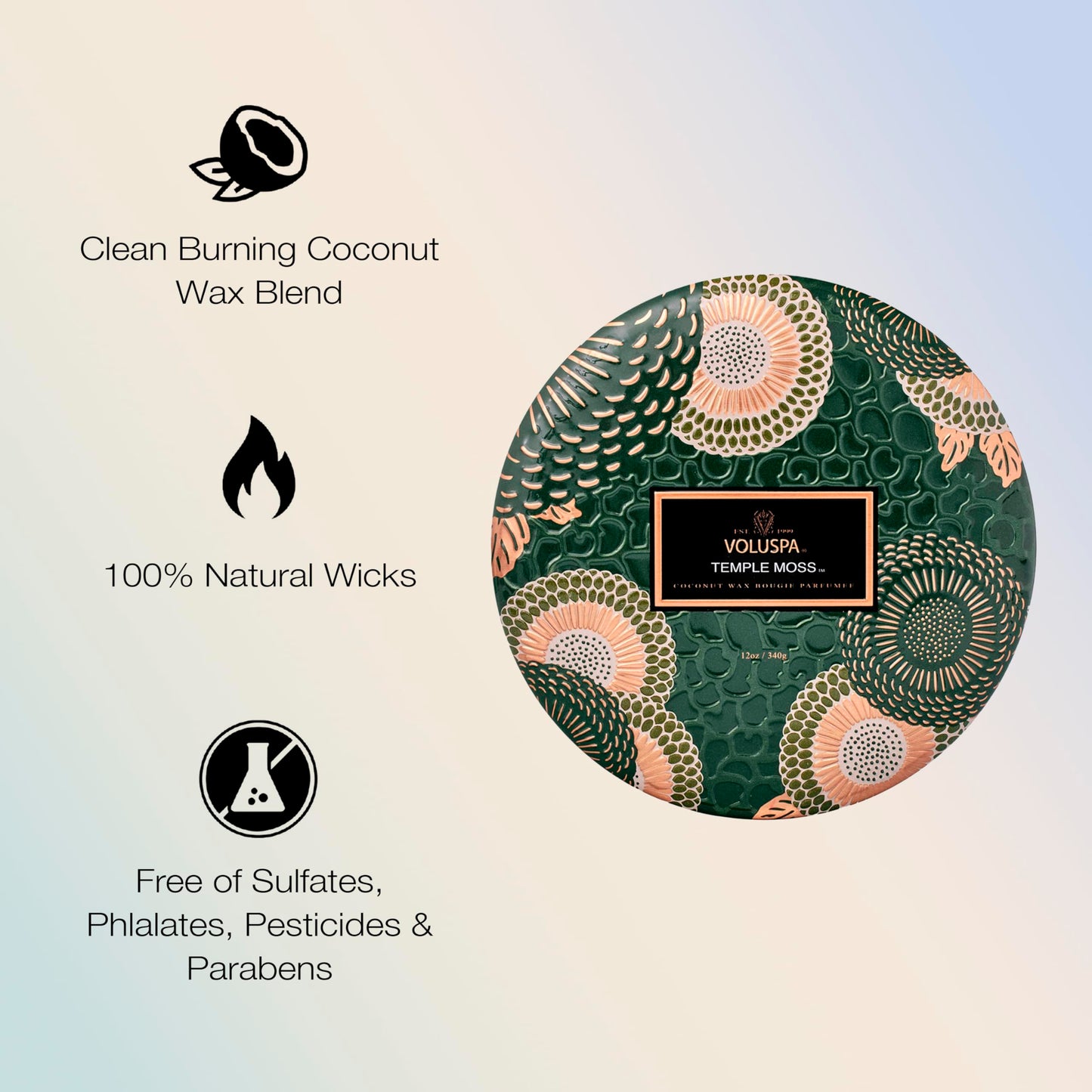 Voluspa Temple Moss, 3 Wick Tin Candle, 12oz, 40 Hour Burn Time, Coconut Wax Candle for The Home, Handcrafted in the USA