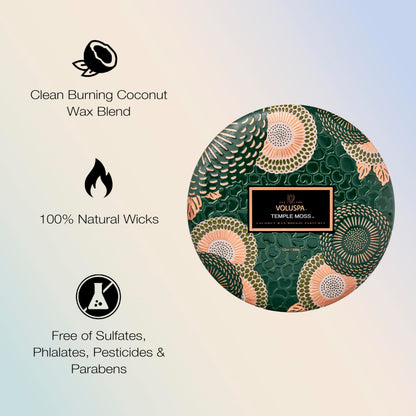 Voluspa Temple Moss, 3 Wick Tin Candle, 12oz, 40 Hour Burn Time, Coconut Wax Candle for The Home, Handcrafted in the USA