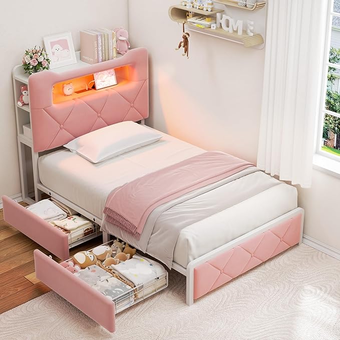 Twin Upholstered LED Bed Frame
