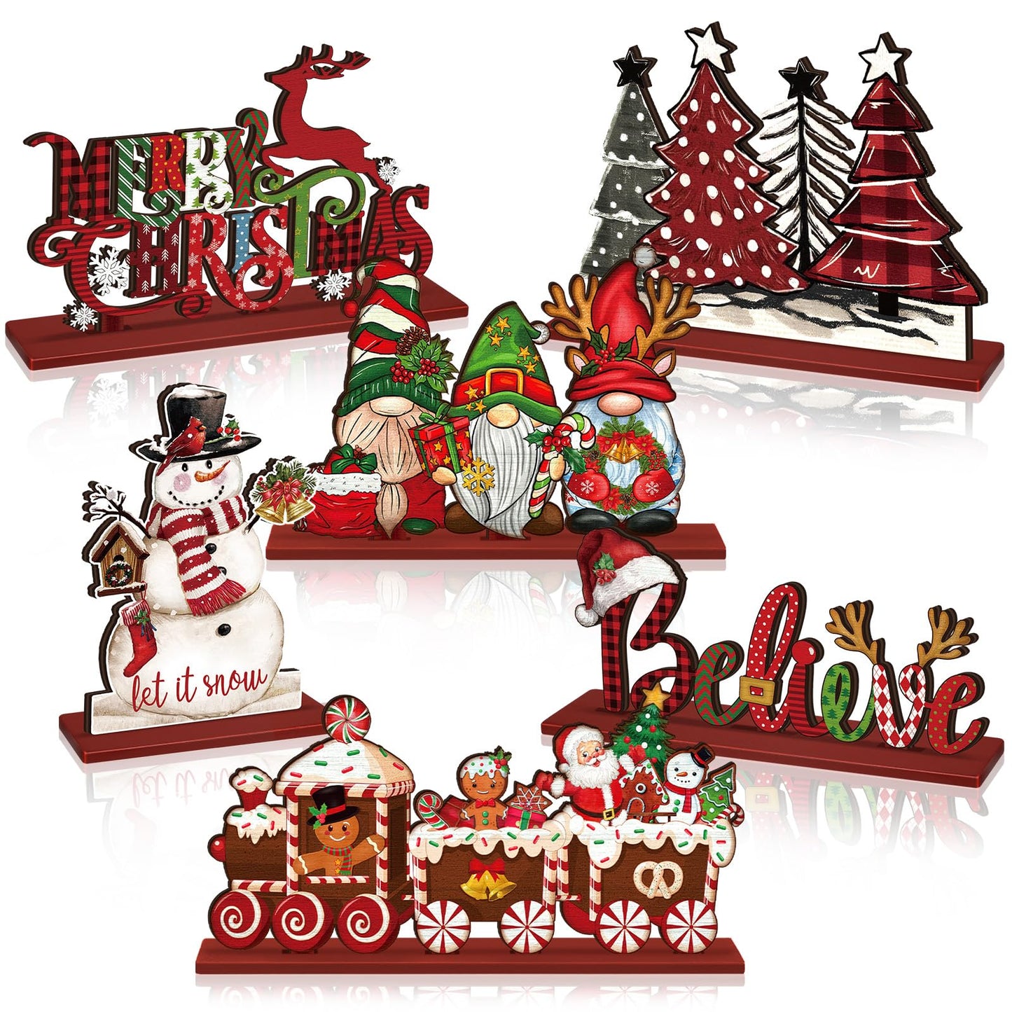Realspring 6 Pcs Christmas Table Decorations Wood Centerpieces Decor Merry Christmas Gingerbread Gnome Xmas Tree Tabletop Standing Signs(Classic Style)