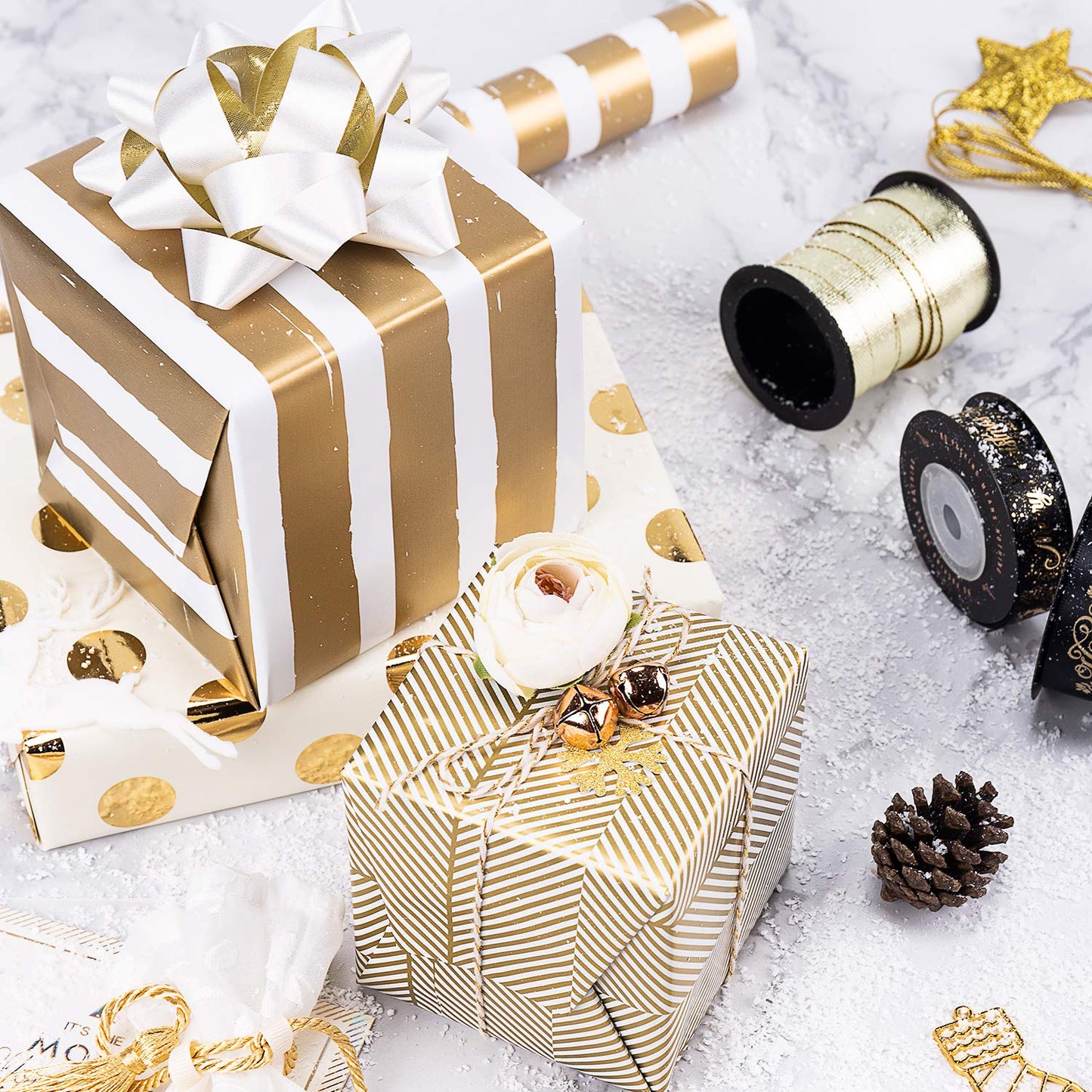 WRAPAHOLIC 30 Inch Gold Wrapping Paper Roll - Jumbo Roll Gold Gift Wrapping Paper for Christmas, Birthday, Holiday, Wedding, Baby Shower - 3 Rolls - 30 inch x 120 inch Per Roll