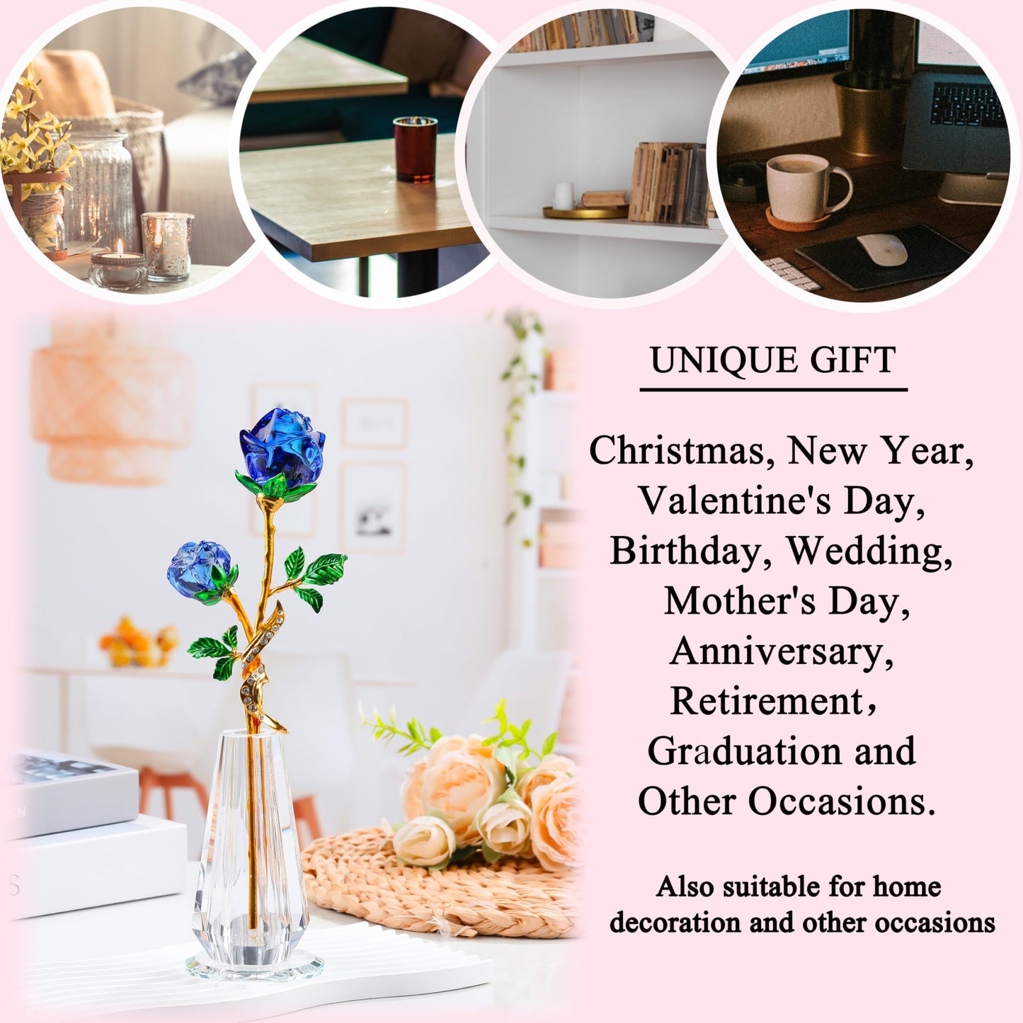 Rose Flower Crystal Figurine with Vase - Blue Bouquet Flowers Ornament Gifts for Wife Girlfriend Women - Handmade Crystal Flower Collectible Home Table Decor for Valentine Day Wedding Anniversary