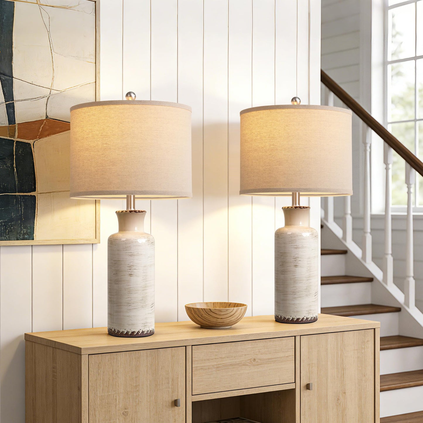 QiMH 25" Modern Lamps for Living Room, Unique Flowing Glazes Ceramic Table Lamp Set of 2 with Linen Lampshade, Beige Rustic Farmhouse Beside Lamps for Bedroom Nightstand Home Decor(Bulb Included)