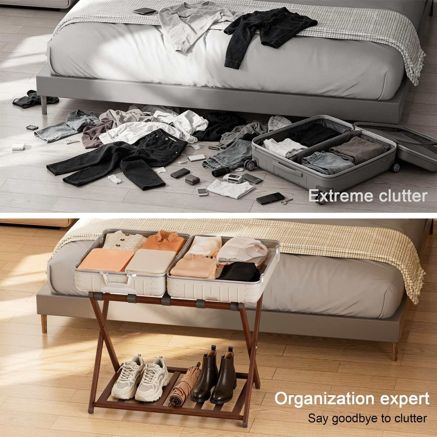 SANLUCE Fully Assembled Luggage Rack Set of 2 for Guest Room, Bamboo Suitcase Stand with Foldable Storage Shelf, Crossed Nylon Straps Folding Luggage Holder for Bedroom and Hotel, Walnut