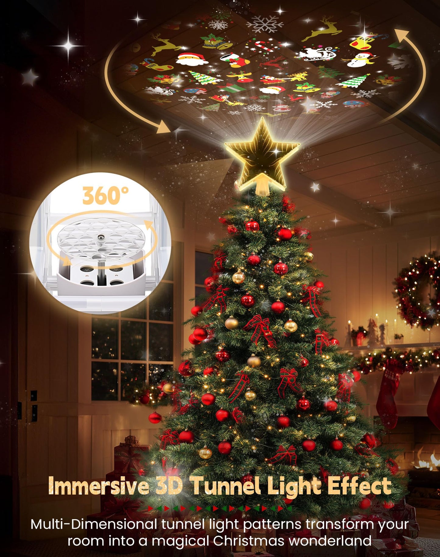 Christmas Tree Topper with 6 Projection Modes, Christmas Star Tree Topper with Built-in Rotating Projector, 104 LED Warm Lights 3D Tunnel Dynamic Lighting Effect Christmas Tree Decoration