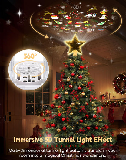 Christmas Tree Topper with 6 Projection Modes, Christmas Star Tree Topper with Built-in Rotating Projector, 104 LED Warm Lights 3D Tunnel Dynamic Lighting Effect Christmas Tree Decoration