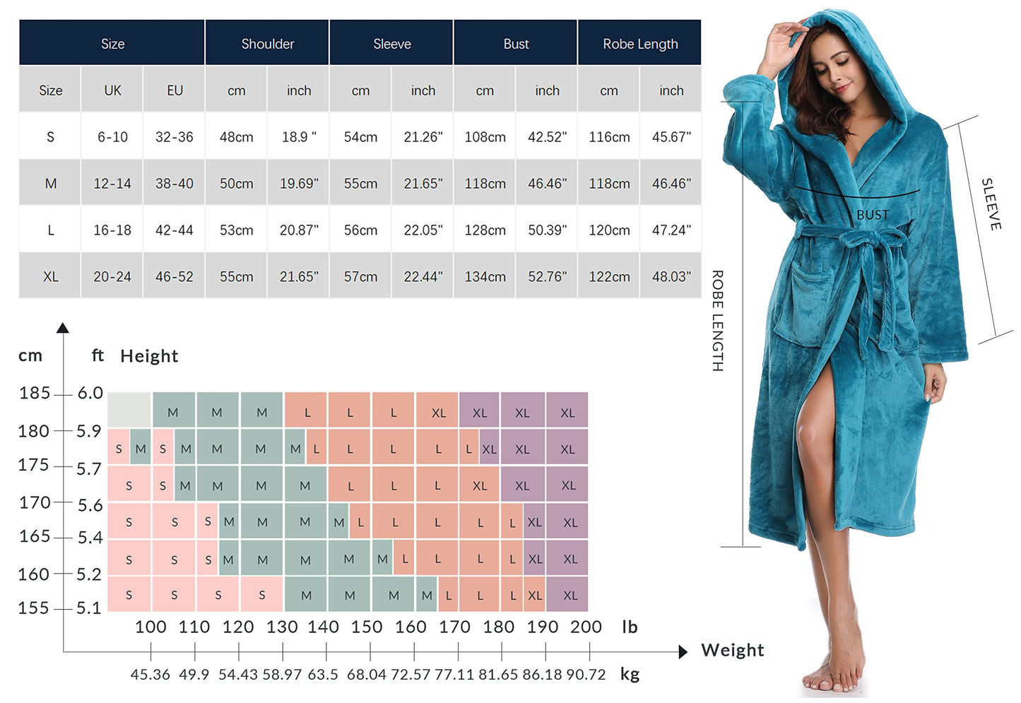 Vlazom Dressing Gown, Flannel Soft Bathrobe Cosy Robes Fluffy Winter Hooded Housecoat for Women/Men, Peacock Blue-with Hooded, 43813