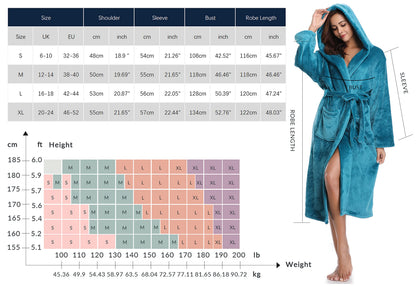 Vlazom Dressing Gown, Flannel Soft Bathrobe Cosy Robes Fluffy Winter Hooded Housecoat for Women/Men, Peacock Blue-with Hooded, 43813