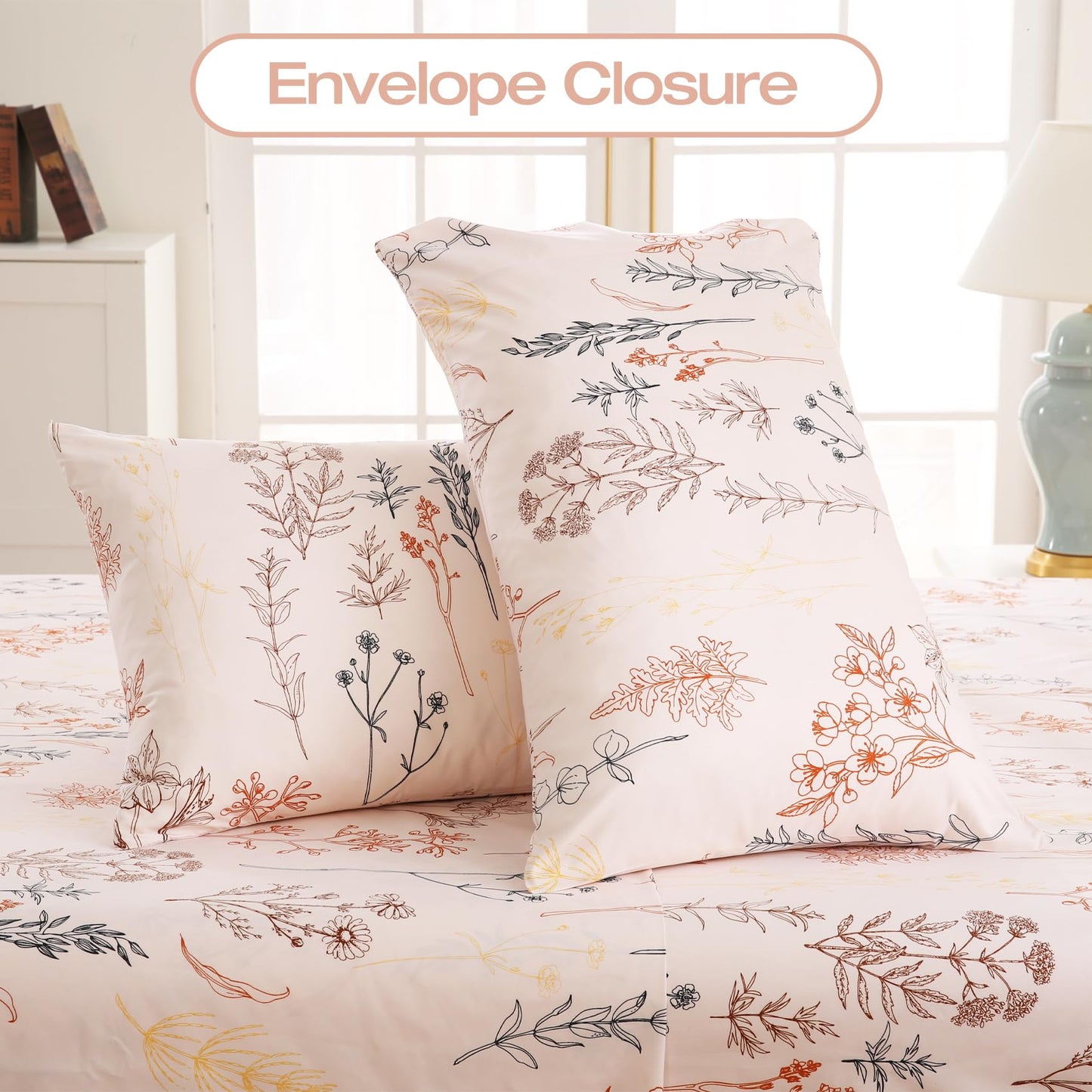 Yibeizi Floral Sheet Set Queen, Boho Botanical Rustic Pattern Bed Sheets Beige Fall Bedding Sheets & Pillowcases Soft Microfiber 15" Extra Deep Pocket Fitted Bedsheet 4 Piece
