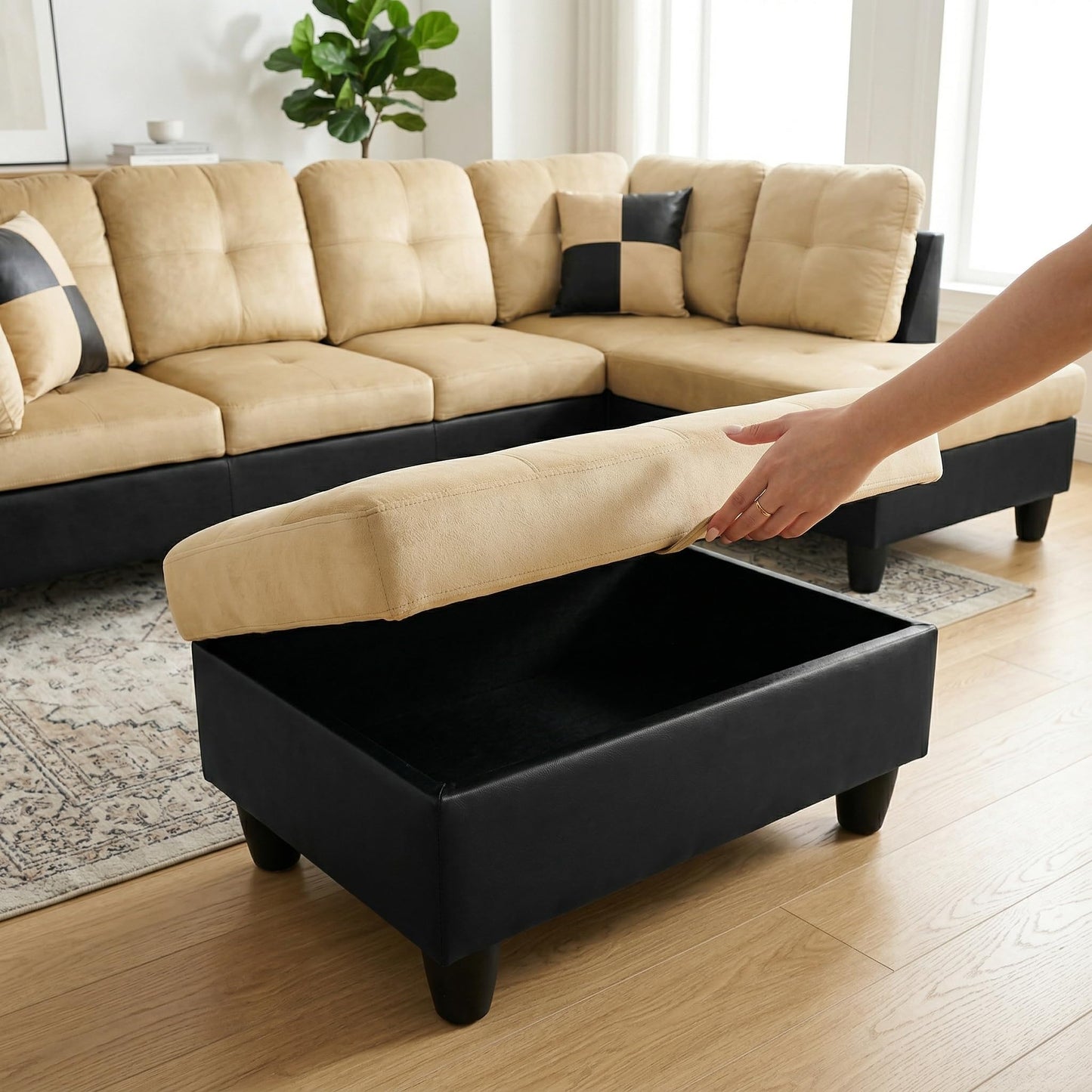 NicBex Sectional Couch 3 Pieces Sofa Set, L-Shaped Modular Couches for Living Room, Furniture Sets with Lounge Chaise & Storage Ottoman, Multi-Scene Use for Apartment & Office, Beige+Black