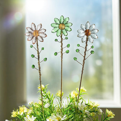 H&D HYALINE & DORA 3 Pcs Crystal Sunflower Suncatchers with 13'' Gold Trellis Metal Plant Stake for Indoor Outdoor Garden Potted Plants Decorations Plant Lover Gift(Clear, Green, Pink)
