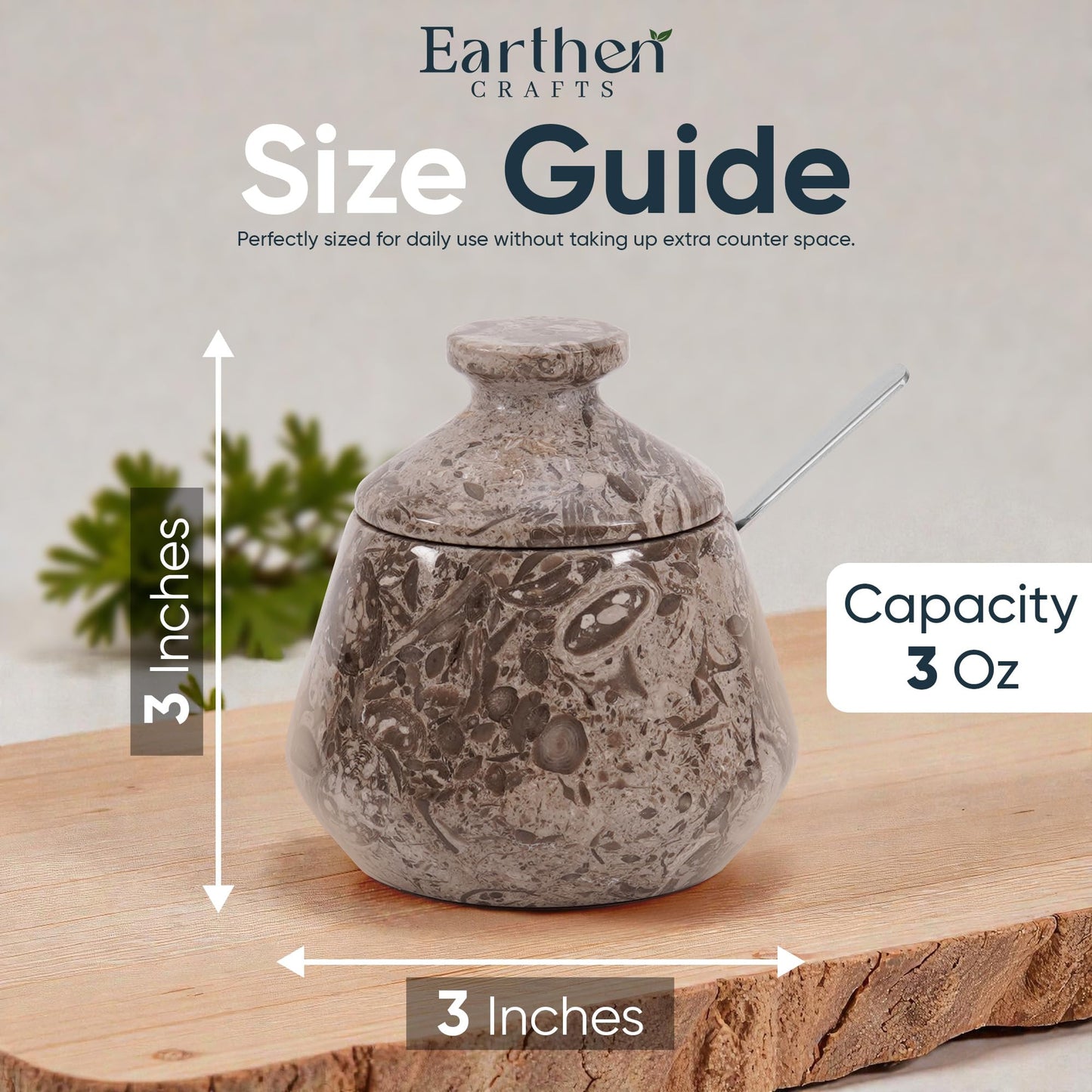 Earthen Crafts Marble Salt Cellar with Lid and Spoon 3" Inches Oceanic Salt Box Spice Jar Handmade Stone Salt Holder Sugar Storage Container for Dinning table Countertop, Ideal Gift For Kitchen Decor
