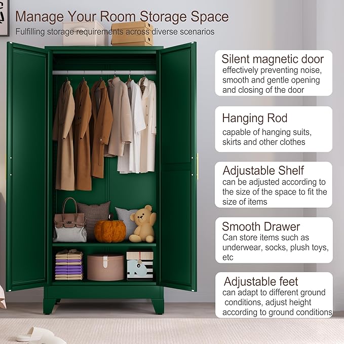 71" Metal Armoire Wardrobe Closet, Steel Clothing Storage Cabinet