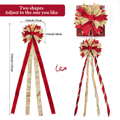 Red Gold Christmas Tree Topper, 40x13 Inches Toppers Bow with Glitter Satin Mesh Streamer and Patterned Ribbon, Christmas Tree Topper Bow for Christmas Home Decoration