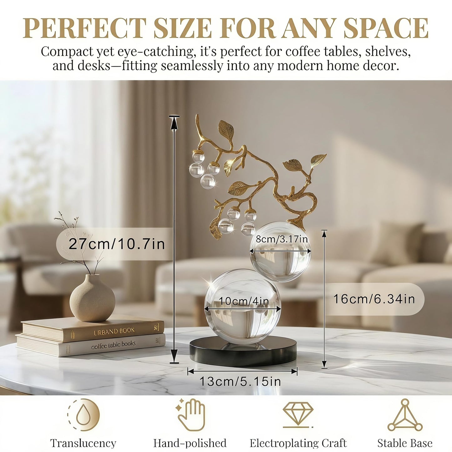 Mataura Large Glass Sculpture Decor, Nature Inspired Decorative Statue with Gold Metal Branch - Minimalist Tabletop Sculpture Home Decor for Desk Living Room Shelf Office - Unique Housewarming Gift