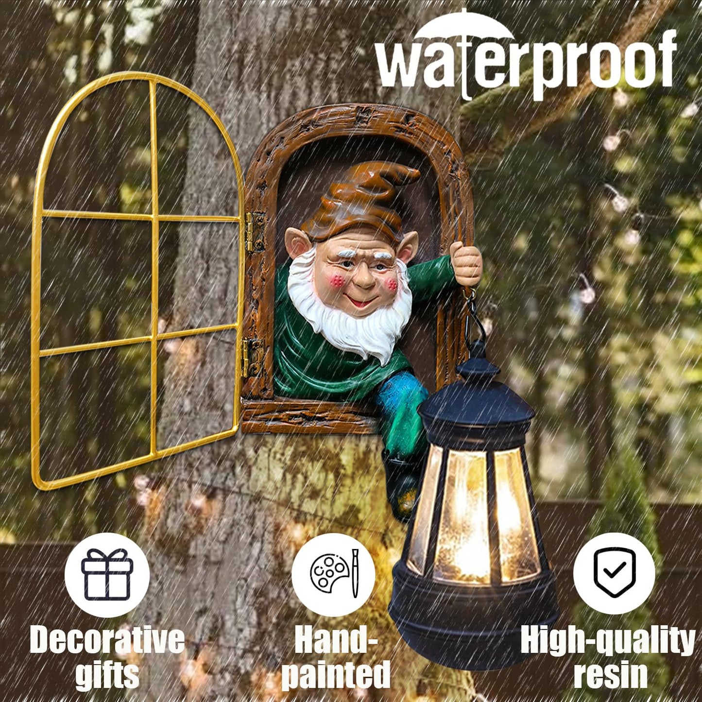 Garden Gnomes Decor Outdoor Statue - Christmas Gnome Decorations with Solar Lights Whimsical Elf Out The Door Tree Hugger Garden Statues Tree Face Gnomes Yard Art for Patio,Fence,Lawn Gnomes Ornament