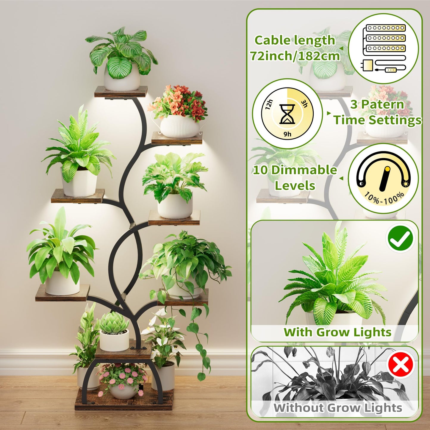 EVAWOO Plant Stand Indoor with Grow Light - 8 Tiered Plant Shelf Indoor, Corner Plant Stand, 49" Tall Plant Shelf with Lights for Indoor Growing, Lighted Flower Holder for Living Room, Balcony, Black