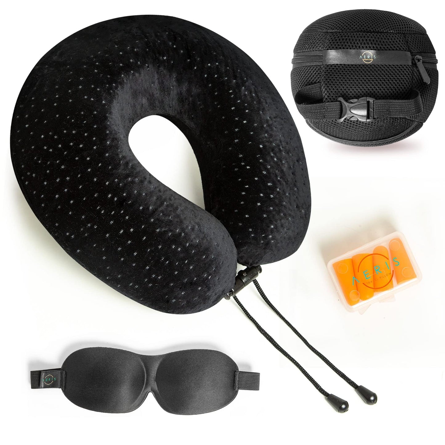 Aeris Memory Foam Travel Neck Pillow with Sleep Mask, Earplugs, Carry Bag, Adjustable Toggles and Velour Cover, Black