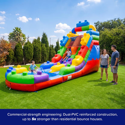 HeroKiddo 16ft Tall Block Party Inflatable Water Slide with Attachable Pool & Blower, 26ft Long Commercial Grade PVC, Heavy Duty Wet/Dry Slide for Kids & Adults, Front Load Entry for Easy Supervision