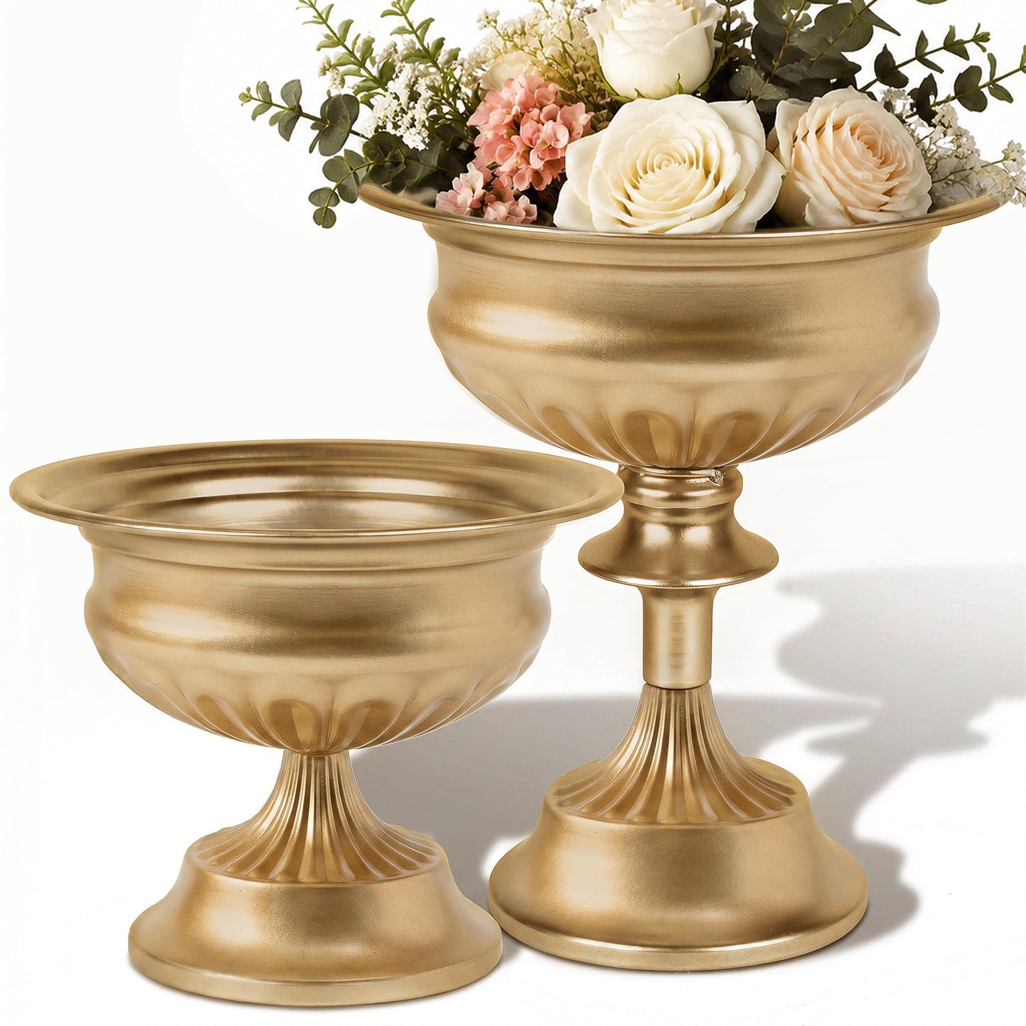 WORTH Gold Urn Vases for Centerpieces Set of 2 (8.8" H x 7.8" Dia & 6.1" H x 7.8" Dia), Classic Metal Trumpet Flower Pot for Table Bowl Vase for Wedding Party Event Home Deco, Smooth, Non-Aged Finish