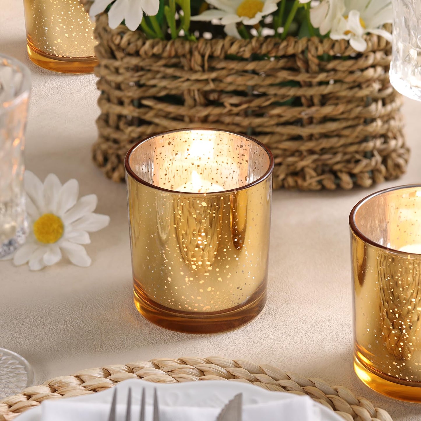 DARJEN Larger Gold Votive Candle Holders Set of 6- Tea Light Candle Holder Glass, Gold Candle Holders for Wedding, Table Centerpiece, Party and Holiday Decorations