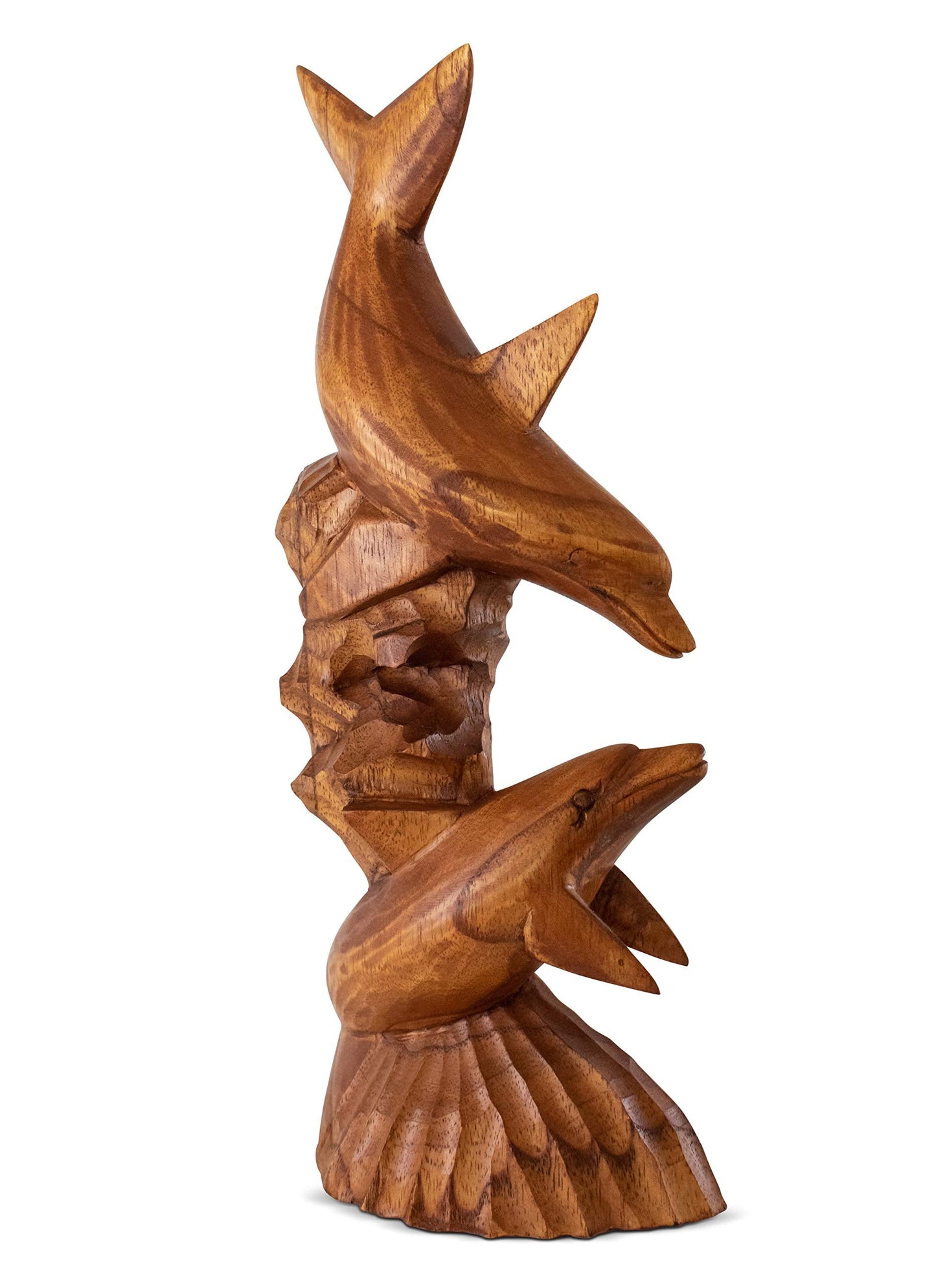 G6 Collection Wooden Hand Carved Dolphin Statue Sculpture Wood Decorative Home Decor Accent Figurine Handcrafted Handmade Seaside Tropical Nautical Ocean Coastal Decoration (2 Dolphins on Coral, 12")