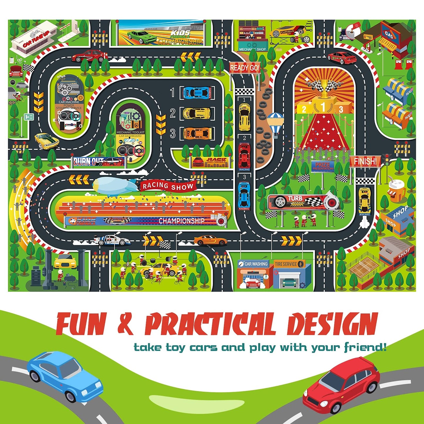 Oriate Kids Toy Car Play Mat Racetrack Activity Playmat, Kids City Road Mat Toy Cars Play Rug for Children Pretend Game, Play Carpet Floor Mats for Race Collection Toys Accessories 47" X 31"