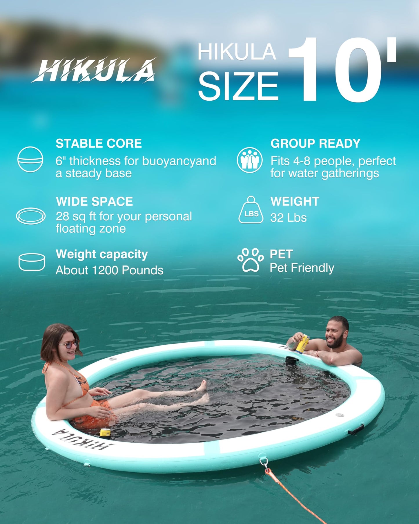 Inflatable Round Floating Ring - Water Hammock Dock, Sunmmer Mat Raft Platform, Heavy Duty Floats for Lake and Beach with Water Ladder and Cup Holder,Green-White/10FT