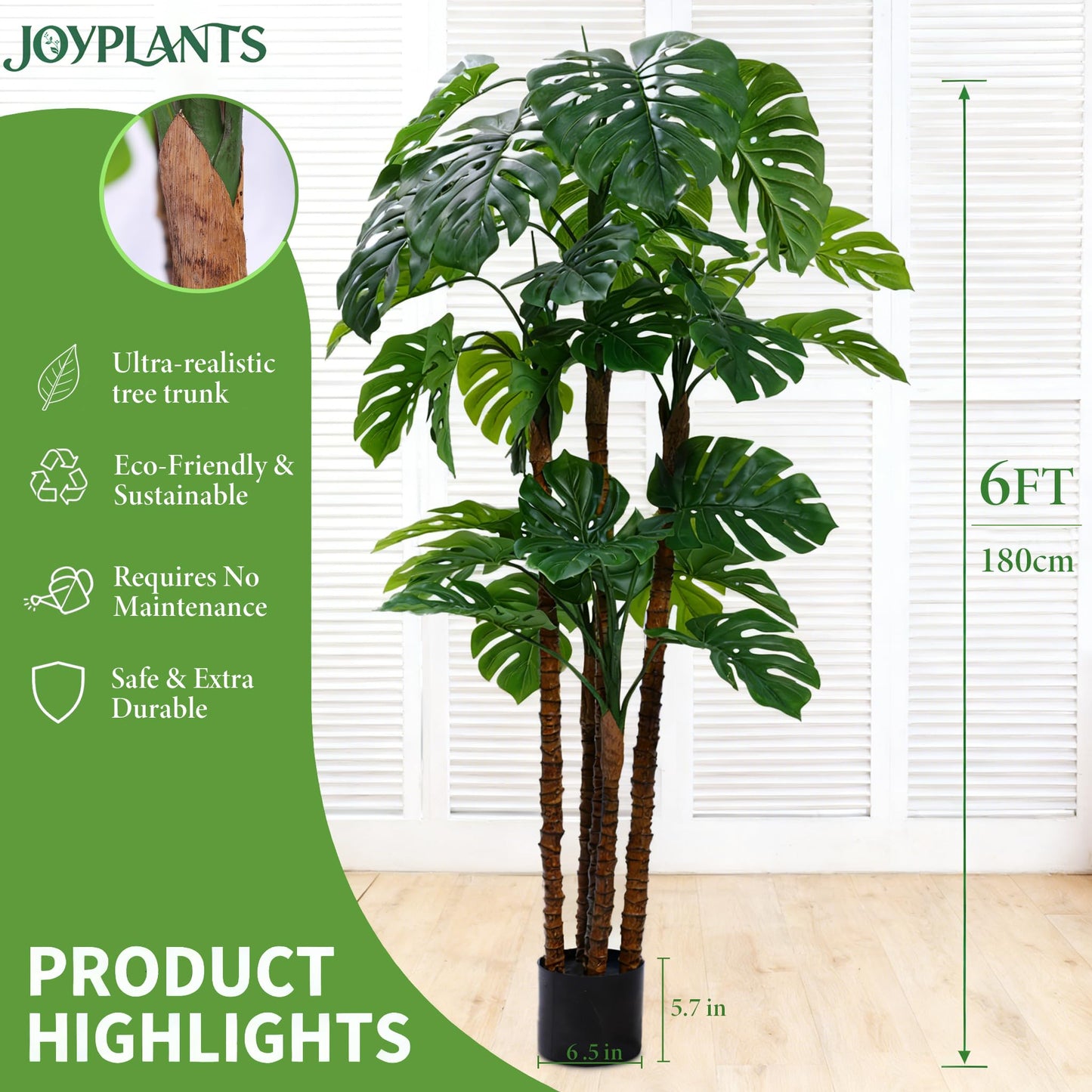 Joyplants 6FT Artificial Monstera,Fake Swiss Cheese Plants Faux Tropical with Bark and Black Pot for Indoor Outdoor Office Living Room Home Decor