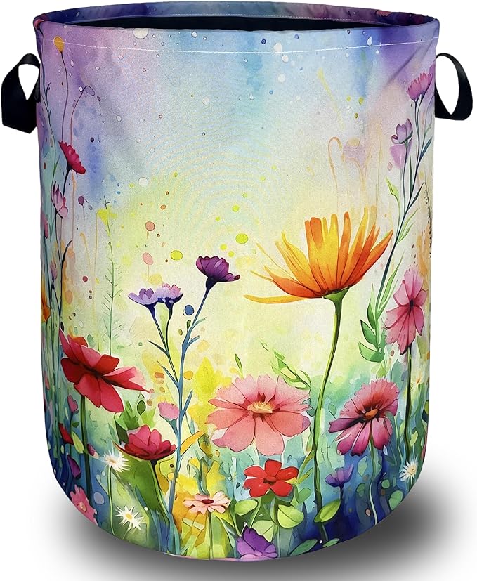 Watercolor Flowers Laundry Basket Wildflower Foldable Funny Laundry Hamper