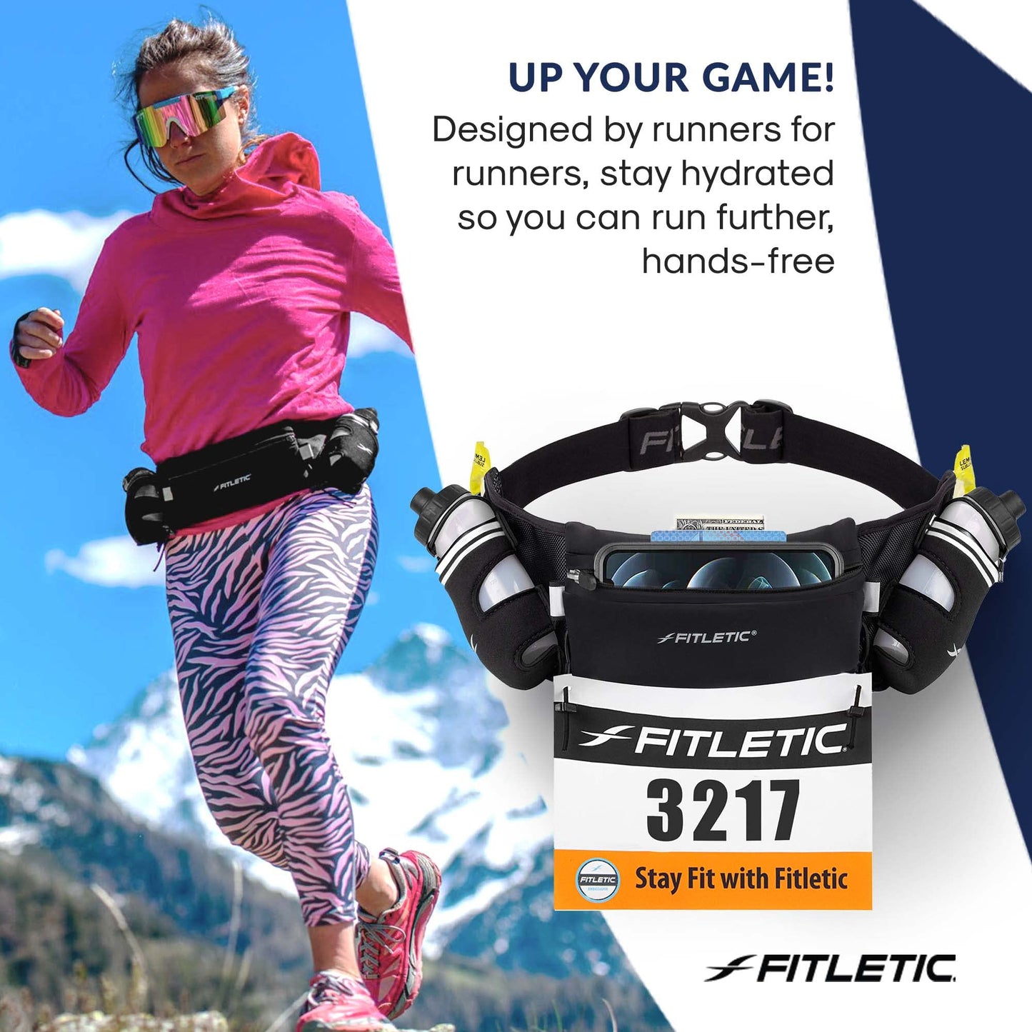 Fitletic Hydration Running Belt With Water Bottles For Men & Women – 2 Quick Flow 8oz Running Water Bottles, Patented Bounce Free Design, Water Resistant Pouch Fits All Phones – Hydra 16
